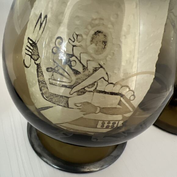 6 Vtg Smoked Smoke Glass Glasses Snifter Brandy Scotch Cognac Bar Peru Mayan - Picture 9 of 16